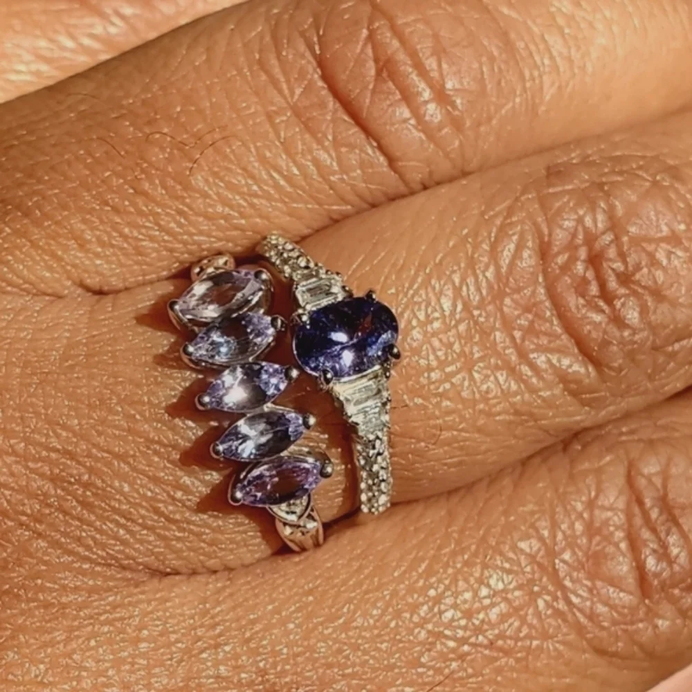 Genuine Tanzanite & Zircon Solitaire ring in Platinum Plated Sterling Silver